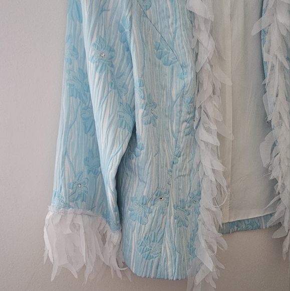 ISABEL Elegant Formal Jacket Turquoise White Rhinestones “Feather” Trim Like New - Picture 7 of 11